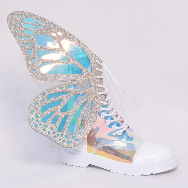 Shine Silver Real Leather Flat Sneakers Butterfly Wings Shoes Lace Up Ankle Boots Hightop Leisure Platform Shoes