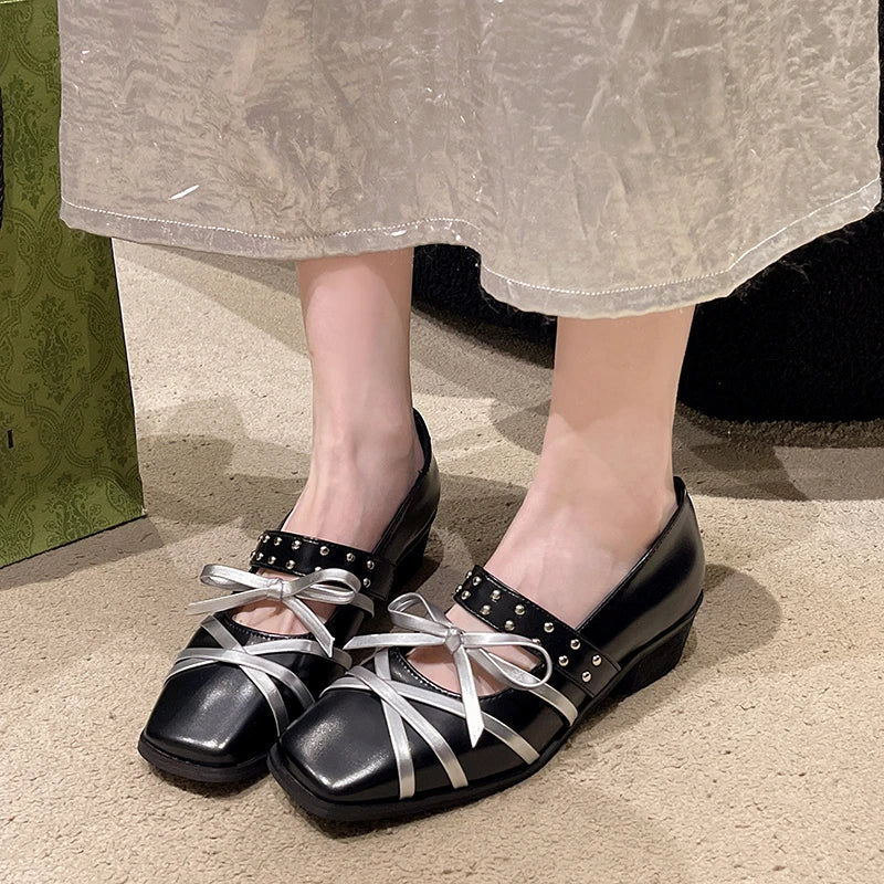 Bow Mid Heels Shoes Cross Belt Office Designer Sandals Summer Dress Loafers Chunky Shallow Punk Zapatos Mujer Pumps