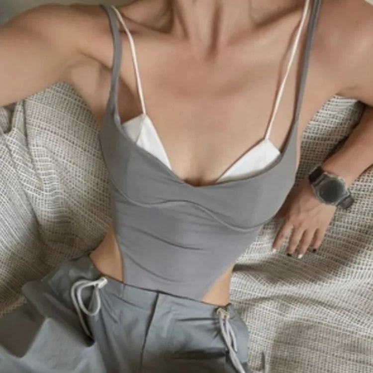 Grey Strapless Camisole Jumpsuit for American Slim Fit Tank Top Summer New High Waist Vests Mujer