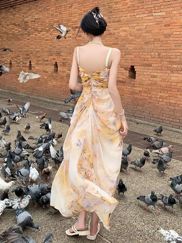 Retro Beige Yellow Print Sleeveless Pleated Slip Long Dress Summer New Holiday Evening Party Dress