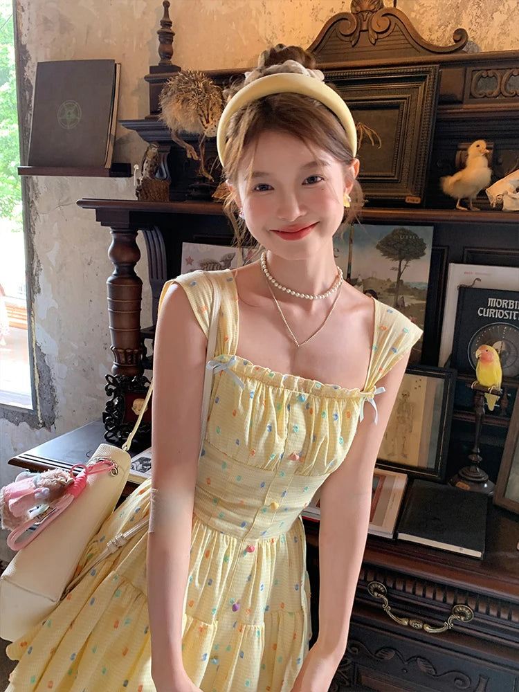 Lolita Kawaii Y2k Colorful Dot Print Dress Sweet Sleeveless Mini Dress Outwear One Piece Dress Korean Clothing