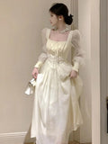 French Lantern Sleeve Lace Up Midi Dress Summer Square Neck Evening Party Prom Robe Female Vestidos Mujer Autumn