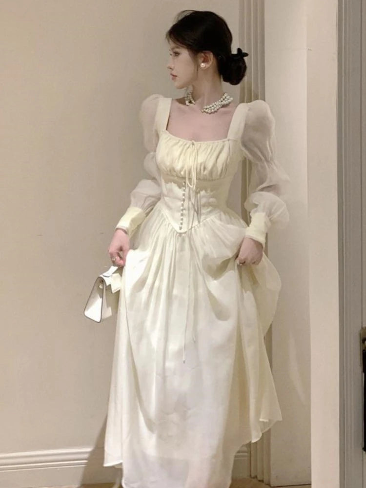 French Lantern Sleeve Lace Up Midi Dress Summer Square Neck Evening Party Prom Robe Female Vestidos Mujer Autumn