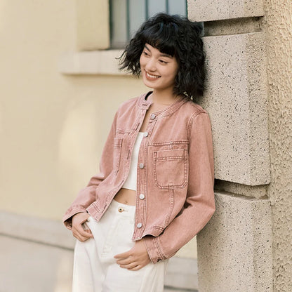 Denim Jacket Short Style Small and Taller Spring New Retro Round Neck Jacket and Versatile Coats