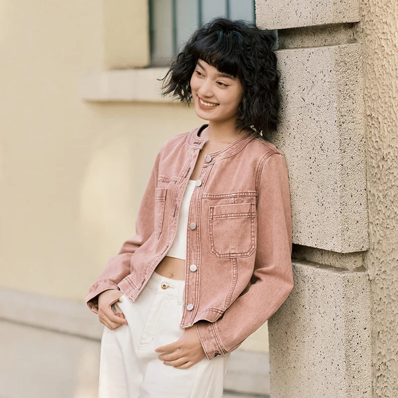 Denim Jacket Short Style Small and Taller Spring New Retro Round Neck Jacket and Versatile Coats