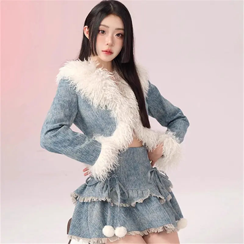 Sweet Hot Girl Suit Autumn/winter Denim Patchwork Furry Short Coat Aline Skirt Twopiece Set Female Clothes