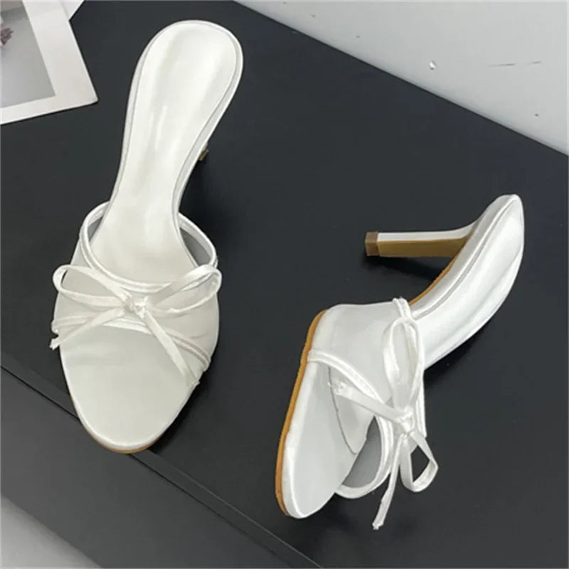 Summer Butterflyknot Breathable Holes Mesh Open Toe Woman Slippers Thin High Heels Party Dress Shoes