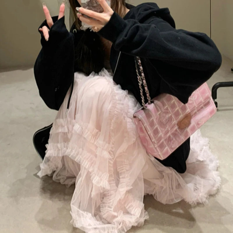 Pleated Loose Mesh Midlength Skirt Summer New Korean High Waist Color All Match Aline Skirt