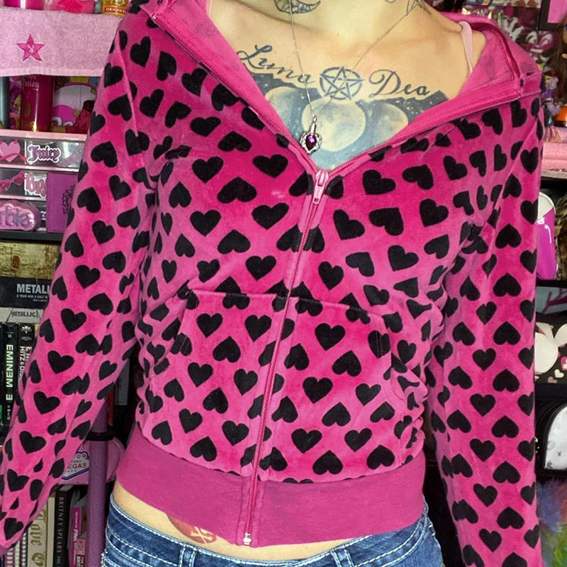 Y2k Heart Print Velvet Jacket With Hooded Pink Sweet Style Autumn Pocket Zipper Coat Retro Slim Outwear Winter
