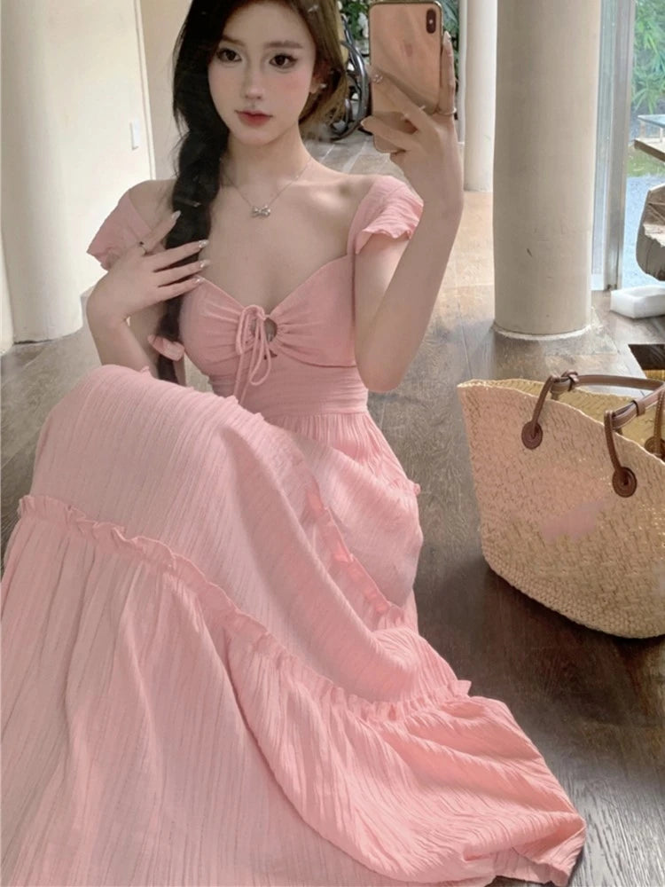New Summer Long Dresses for Off Shoulder Aline Ruched Korean Holiday Beach Style Party Dress Robe Vestido
