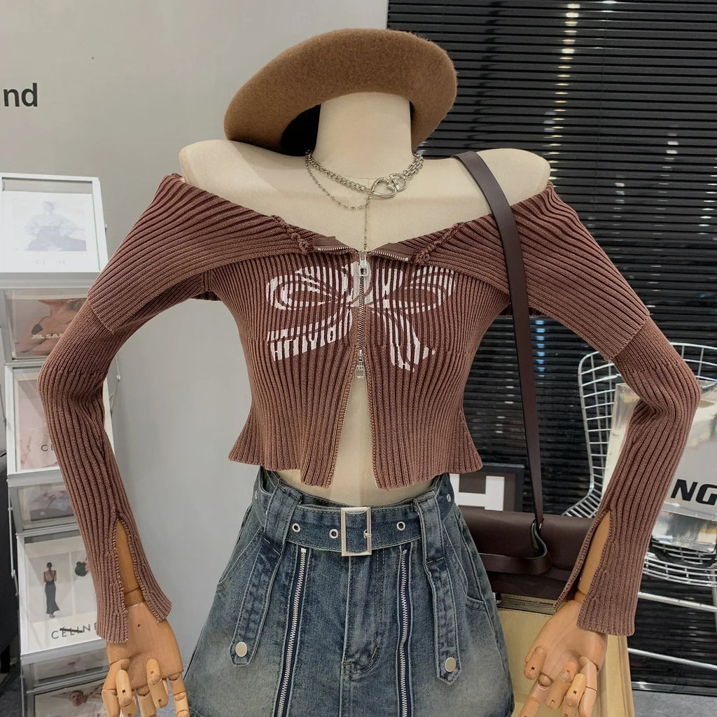 Bow Print Offshoulder Knitwear Gradient Cardigan Sweater Zipper Maillard Style Fairy Grunge Long Sleeve Top Y2k Clothes