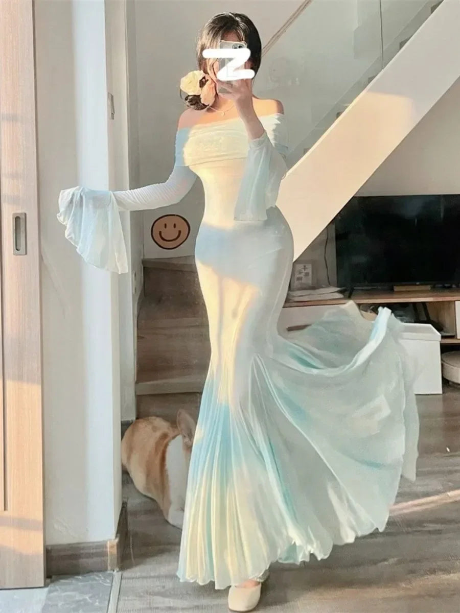 Exquisite Bellsleeved Dress New Highend French Retro Autumn Fishtail Long Dresses Evening Party