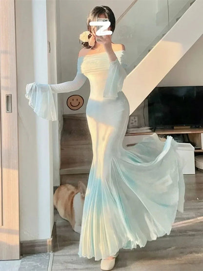 Exquisite Bellsleeved Dress New Highend French Retro Autumn Fishtail Long Dresses Evening Party