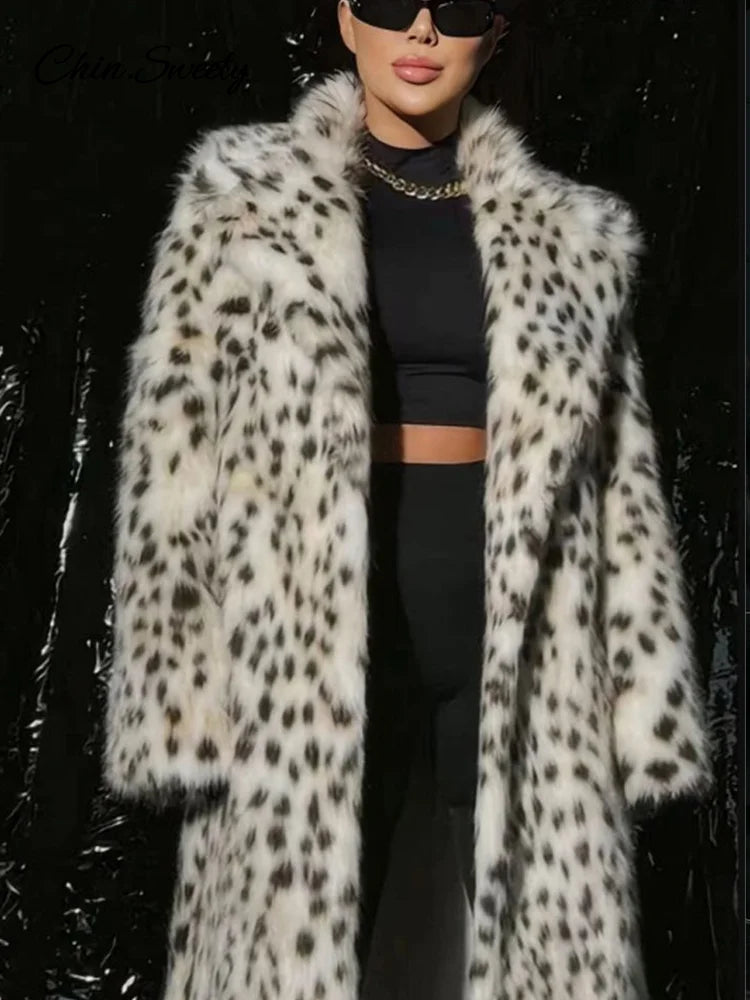 Animal Lapel Faux Fur Long Coat Loose Long Sleeve Pocket Lady Overcoats Autumn Winter Warm Street Thick Outwear