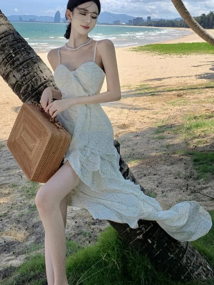 Summer Club Sling Print Slim Fairy Dress Irregular Layered Ruffles Backless Holiday Party Long Dress New