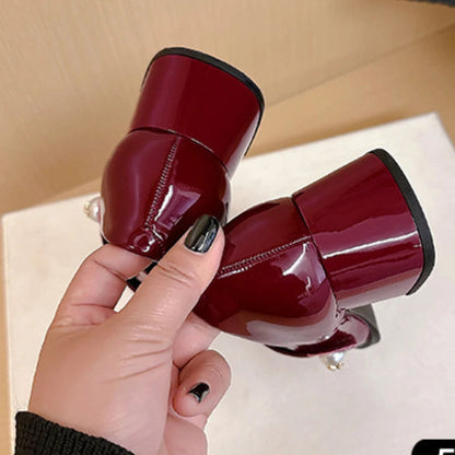 Sweet Round Head Patent Leather Mary Jane Shoes Brand Design Square Heel Tripping Strap Party Wedding Single Shoes