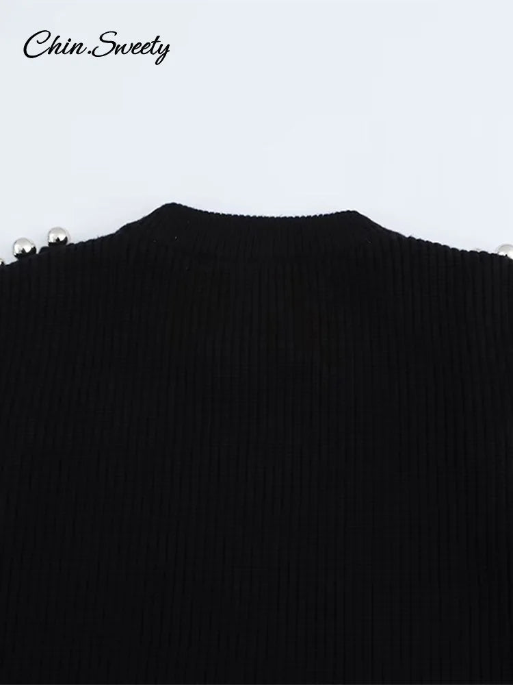 ’s Beading Sweater Pullover Knitted Black Long Sleeve O-neck Jumper New Spring Lady Outwears