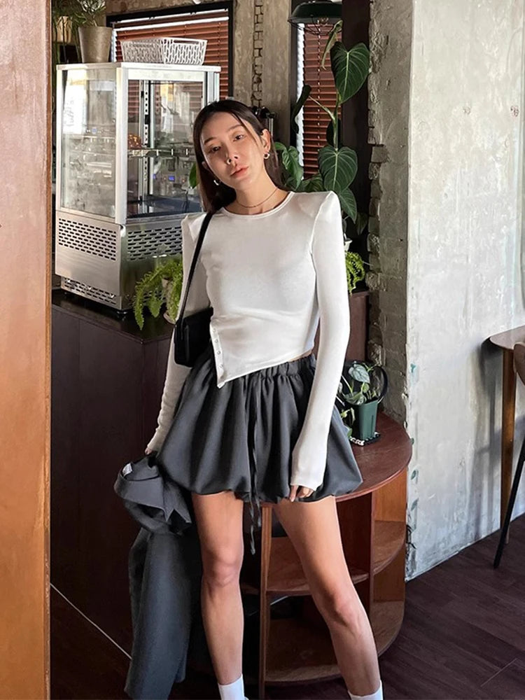 Korean Summer New Style Retro Temperament Drawstring Elastic Fluffy Flower Bud Pants Show Legs Long Shorts