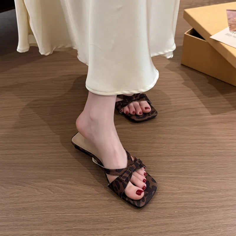 Summer Beach Vacation Slippers Open Toe Low Heel Slide Butterflyknot Dress Shoes