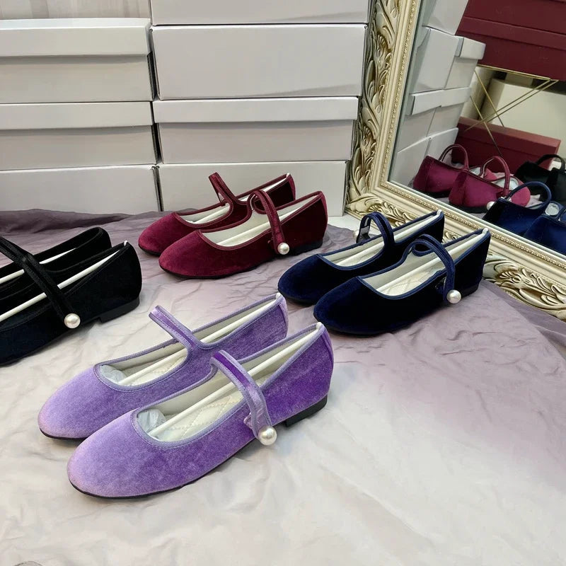 Retro Purple Burgundy Satin Pearl Velvet Mary Jane Flat Shoes for Ballet Flats Students Designer Shoes for