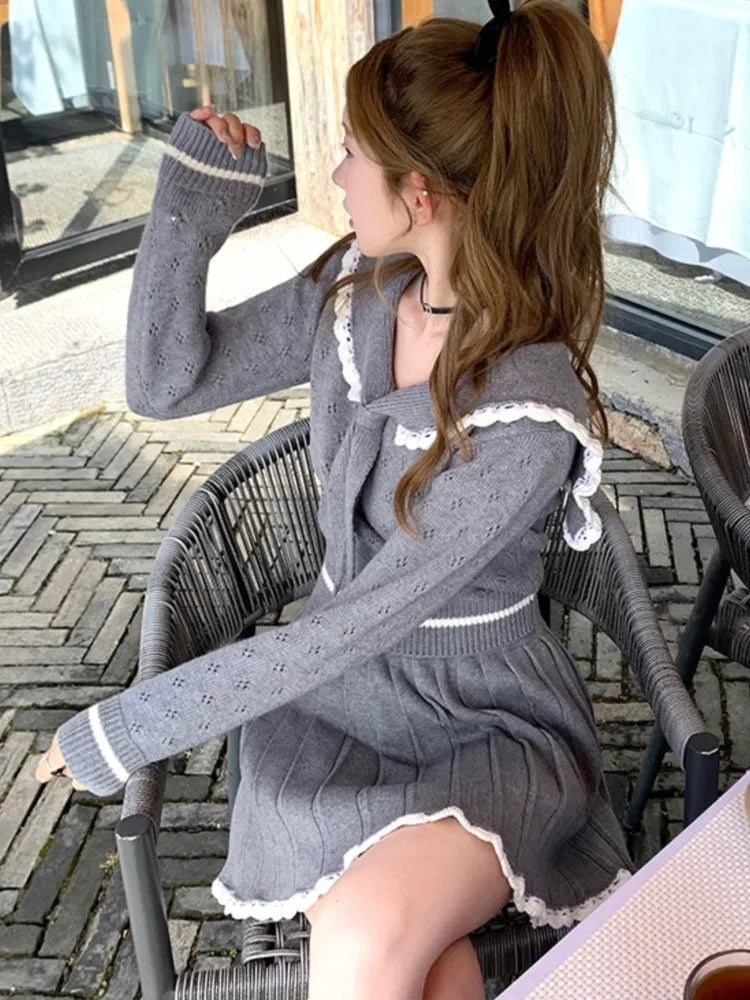 Y2k Sweet Knit Pleated Mini Skirts Suits Korean Preppy Style Two Pieces Set Female Slim Sweater New Outfits
