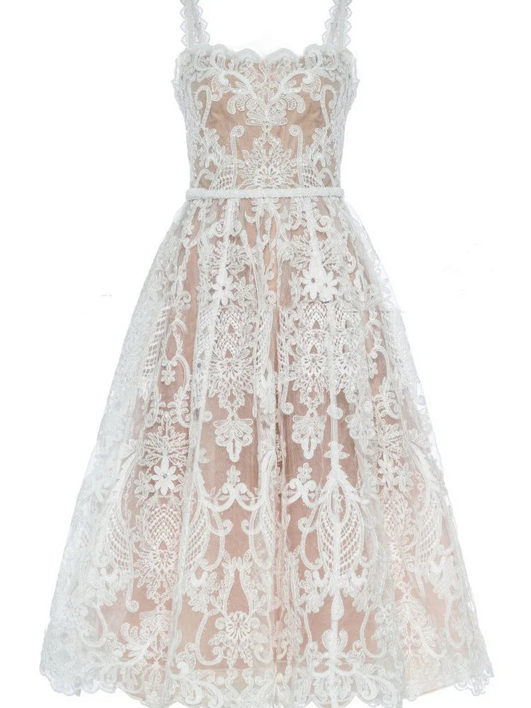 Square Neck Lace Embroidery Long Dress Fairycore Waist Sleeveless Camisole Dresses Spring Summer 23a8639