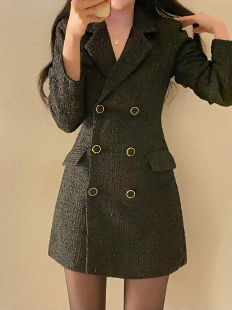 Autumn Winter Tweed Blazer Dress Double Breasted Slim Short Dresses for Korean Office Lady Coat Dress New