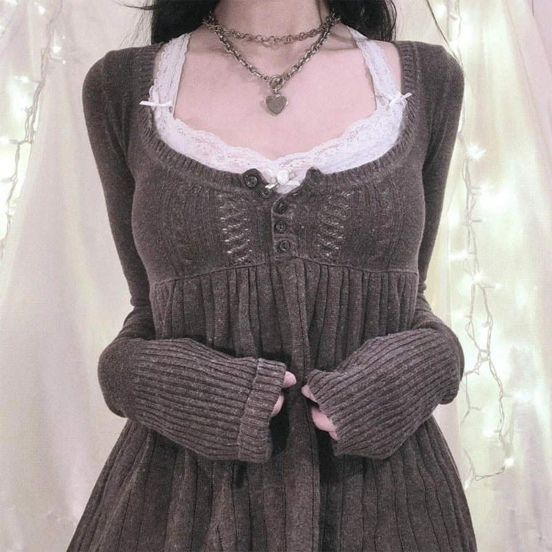 2000s Long Sleeve Babydoll Knitted Sweater Tops Cottage Milkmaid Pullovers Aesthetic Grunge Y2k Knitwear T-shirts