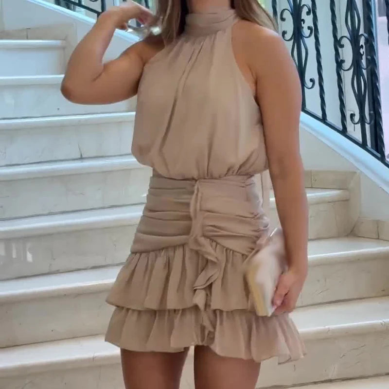 Oneck Slim Draped Party Dress Spring High Waist Ruffle Mini Dress Summer Sleeveless Bodycon Dress
