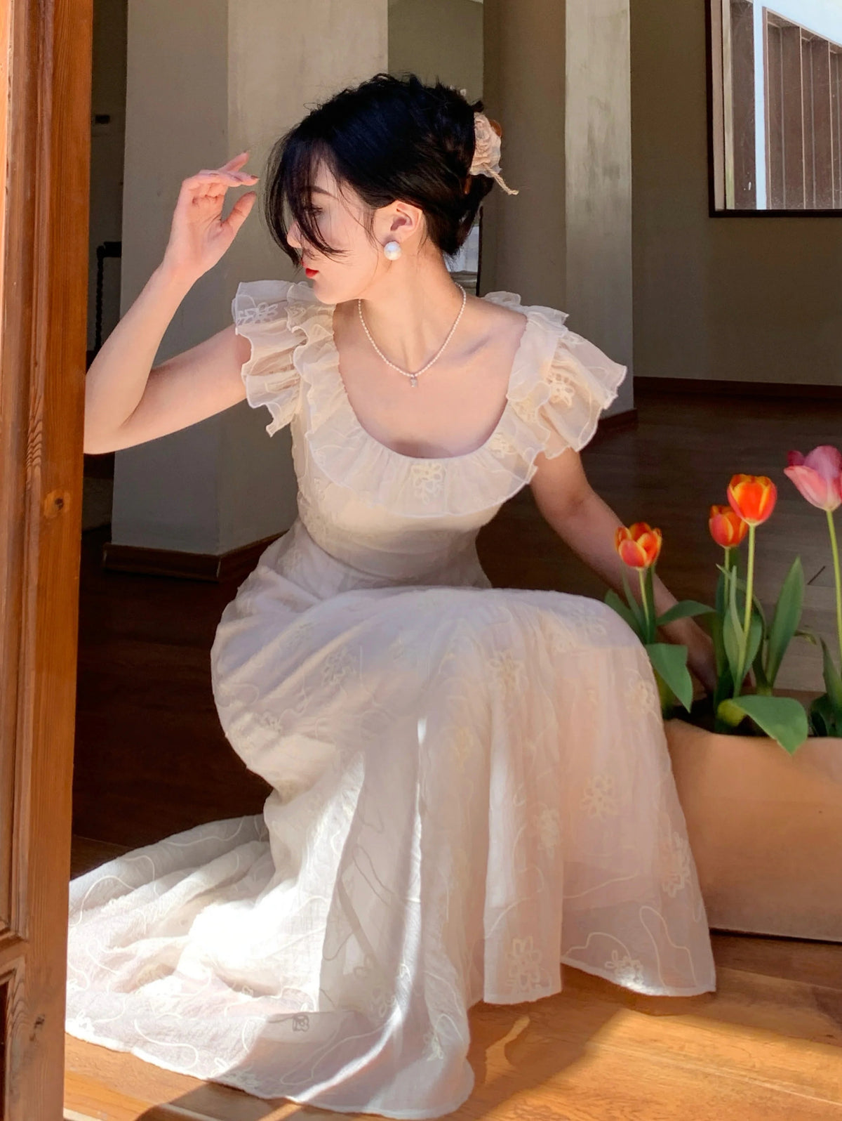 Summer French Midi Dress Ruffles Slim Party Dress Holiday Beach Korean Vestidos