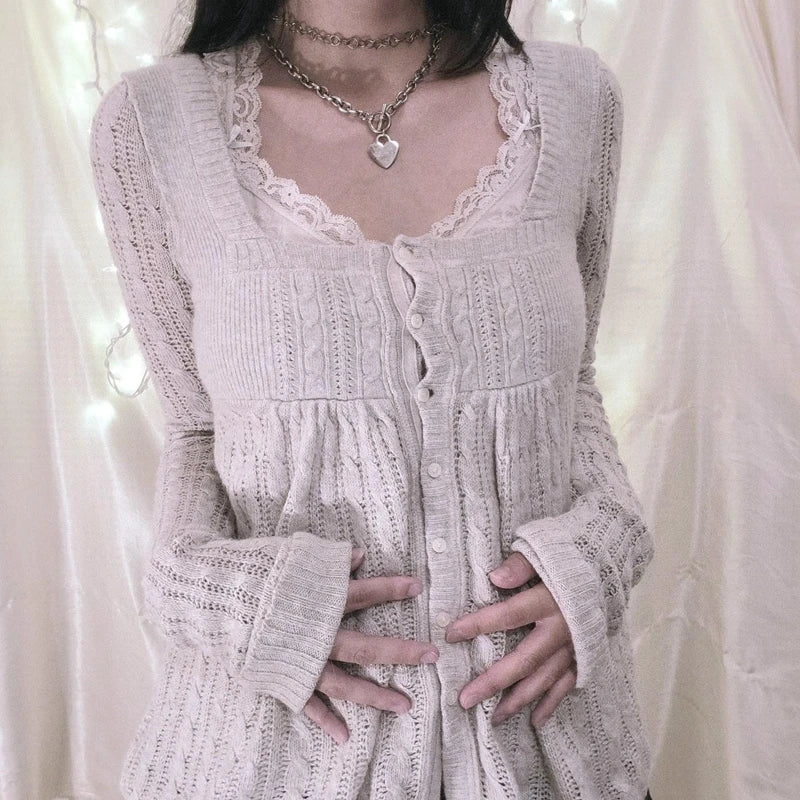 Coquette Grunge Y2k 00s Sweater Single Breasted Long Sleeve Cardigan 00s Aesthetic Kawaii Knitwear T-shirt Clothes