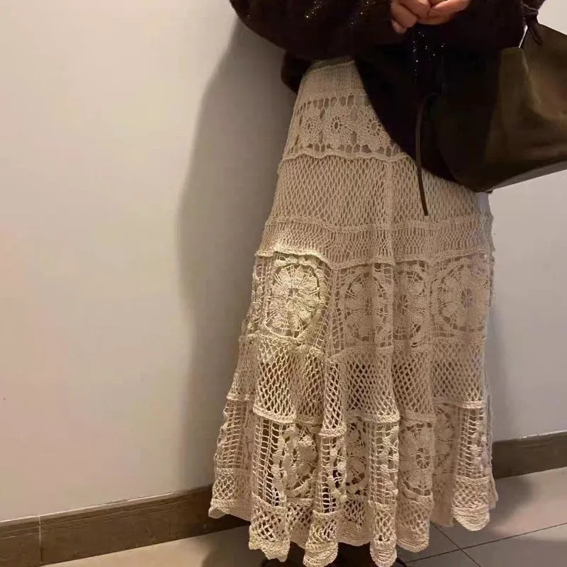 Korean Skirts Gentle Heavy Industry French Hollow Out Hook Flower Design Knit Skirt Aline Skirt