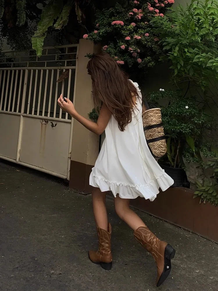 Sleeveless Ruffles Mini Dress White Beach Sundress Girl Home Dresses Loose Summer Dress Oversized