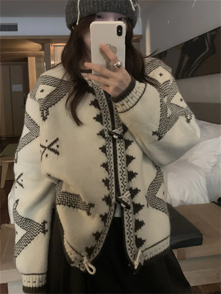 Winter Sweaters Loose Knitwear New Horn Buttons Slim Office Lady Cardigans Daily Coat