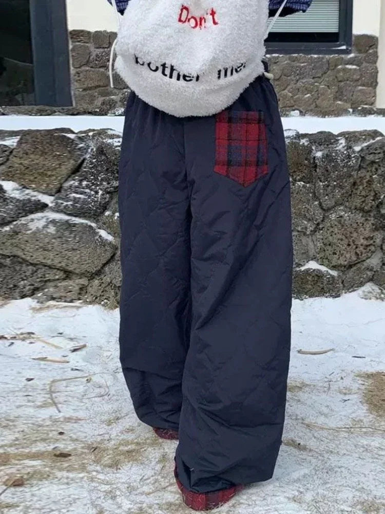 Retro Plaid Spliced Pants Y2k Hip Hop Loose Drawstring Straight Winter Thick Trouser Kpop Slacks