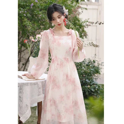 Party Long Dresses Spring Fairycore Dress Pink Bow Laceup French Style Square Neck Fairy Dresses Female Cloting New