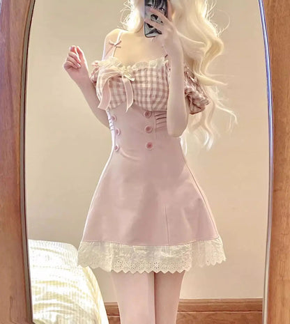 Princess Dress Pink Plaid Bow Onepiece Collar Lace Ruffle Party Mini Dresses Female Japanese Style Sweet Slim Dress
