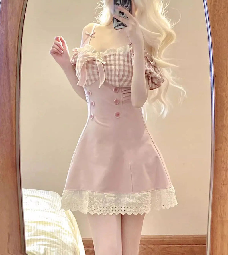 Princess Dress Pink Plaid Bow Onepiece Collar Lace Ruffle Party Mini Dresses Female Japanese Style Sweet Slim Dress