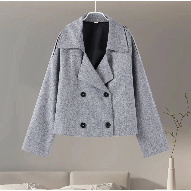 Single Breasted Woolen Coat Loose Lapel Long Sleeve Female Short Jacket Autumn Winter New Grey Lady Outwear
