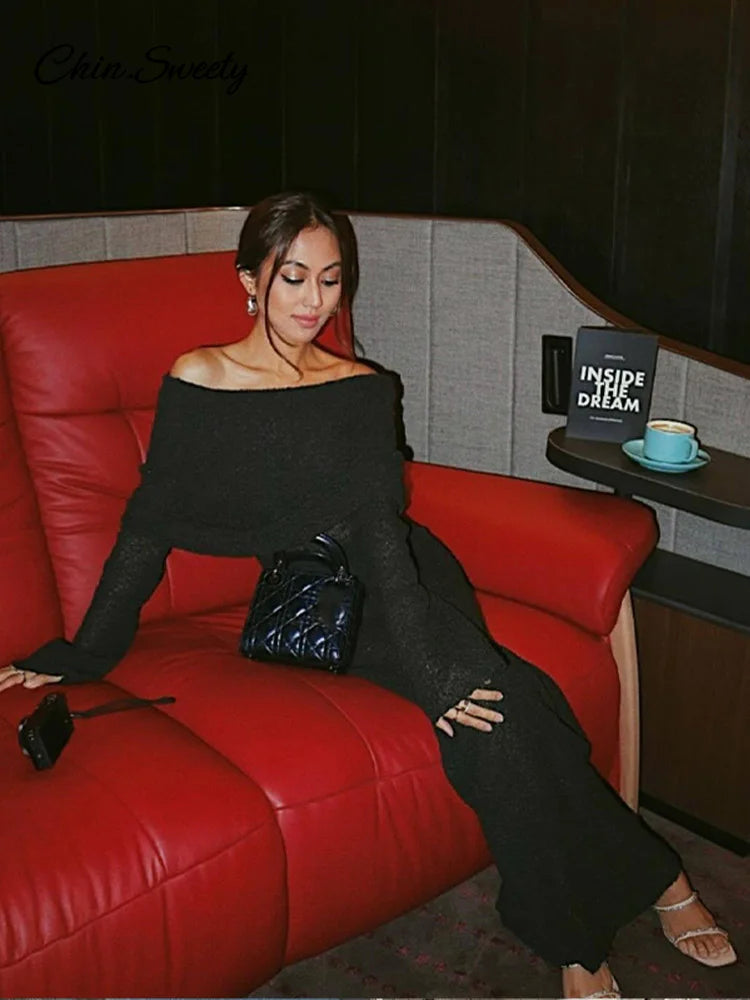 Beach Knitted Off the Shoulder Long Dress Slim Flare Sleeve Hollow Out Maxi Dresses Summer Lady Hip Package Robes