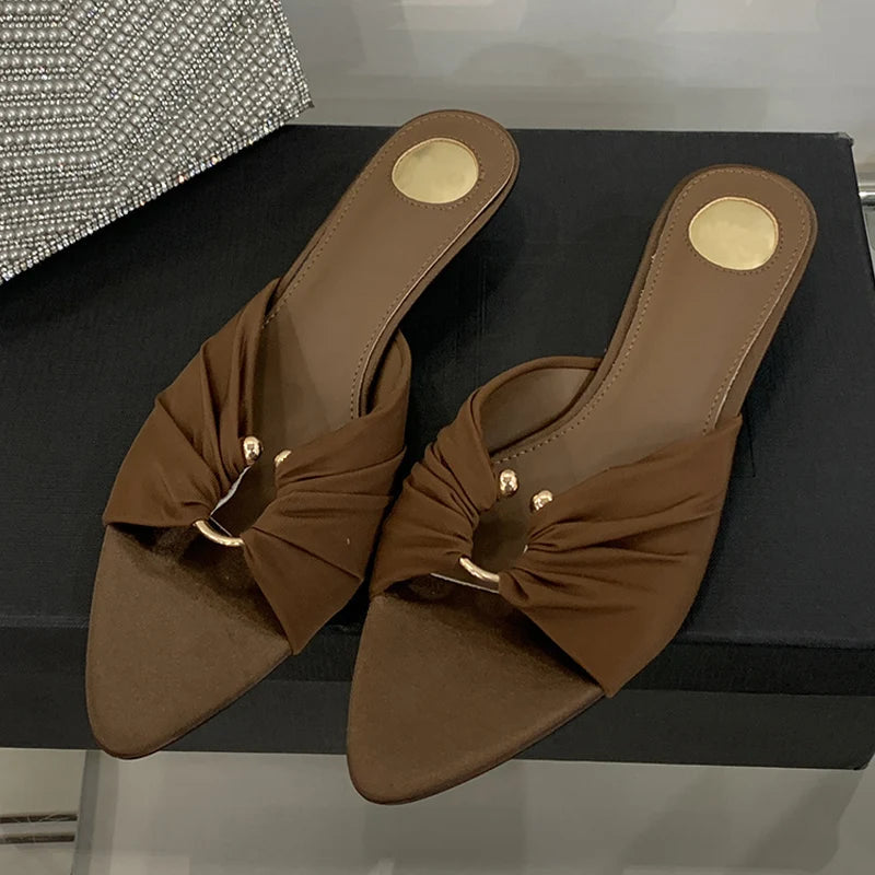 Pleated Silk Hollow Out Metal Buckle Slippers Sandal Summer Pointed Toe Low Thin Heels Beach Party Female Shoes