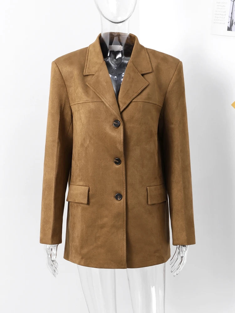 Suede Jackets Loose Lapel Single Breasted Long Sleeves Pockets Blazer Coats Female Autumn New in Outwear