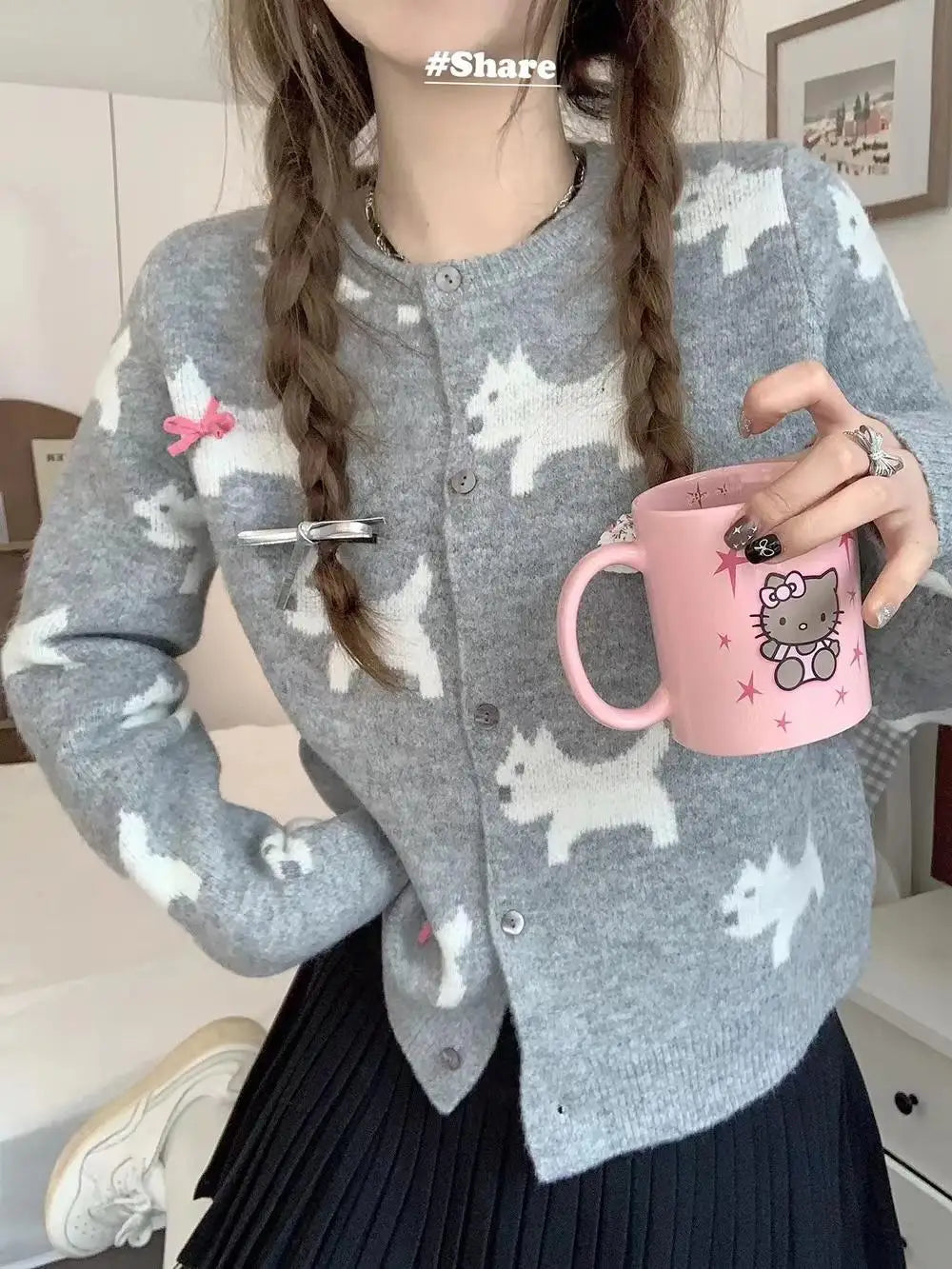 Korean Sweet Blue Gray Print Bow Button Sweater Round Neck Cardigans Long Sleeve Knitwear Tops Autumn Winter Clothing