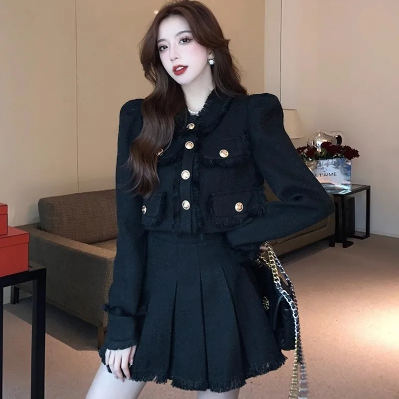 Tweed Suit 2-piece Skirt Set Autumn Winter New French Style Cropped Jacket Coat Mini Skirt Korean Female Outfits