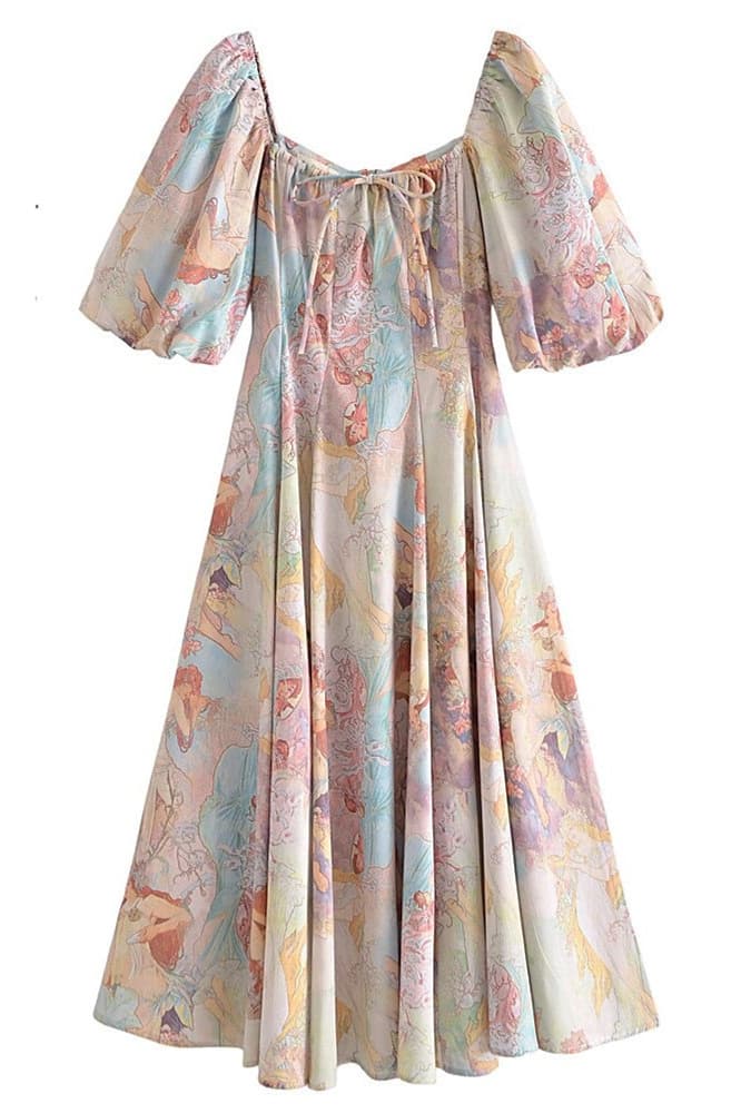 Joyce Printed Lantern Sleeves Midi Dress