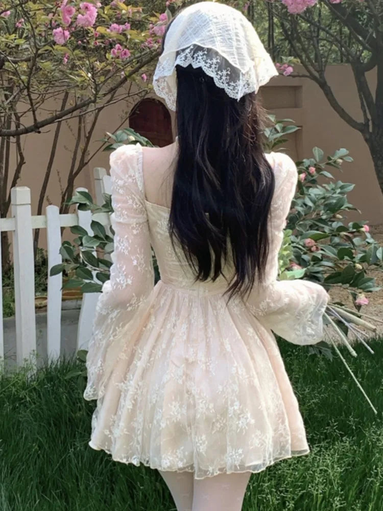 Sweet Fairy Dresses Lace Patchwork Bow Laceup Square Collar Flare Long Sleeve Party Mini Dress Short Vestidos