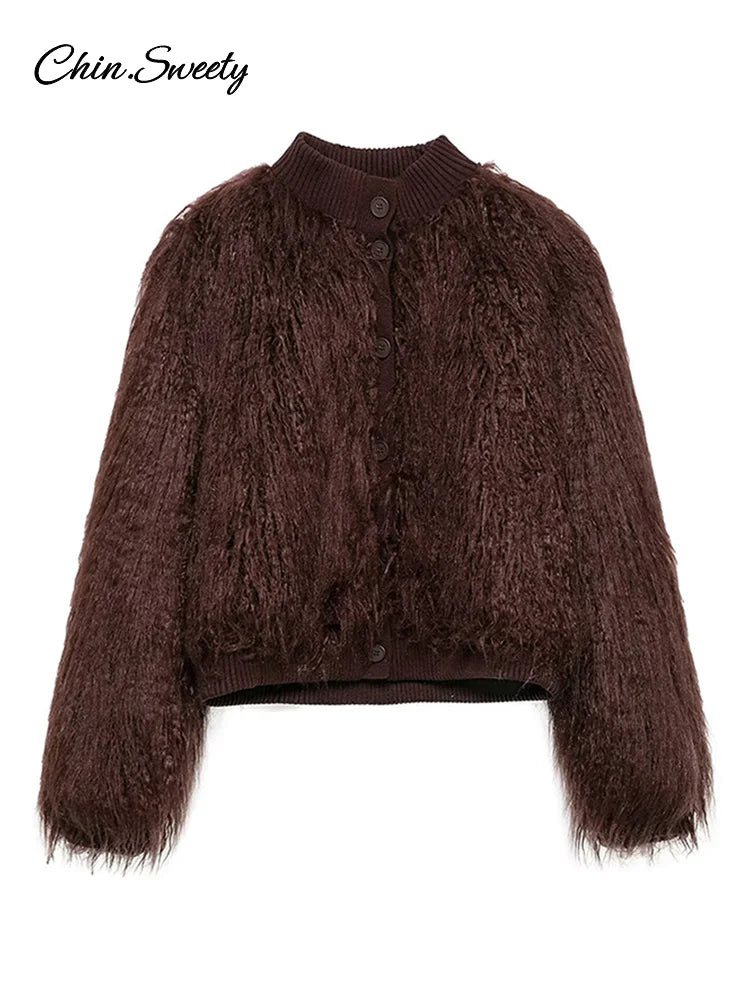 Burgundy Fur Coats Warm Thick O-neck Long Sleeve Loose Jackets Female Autumn Winter Party Outwear