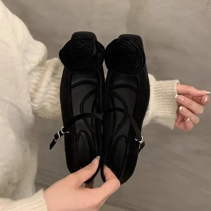 Flock Flowers Flat Shoes for Shallow Dress Shoes Comfort Soft Sole Square Toe Designer Mary Jane Ballet Shoes