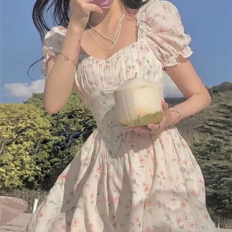 Print Mini Dresses Puff Sleeve Mori Girl Style Sweet Spring Summer Dress Korean Vestidos Mujer
