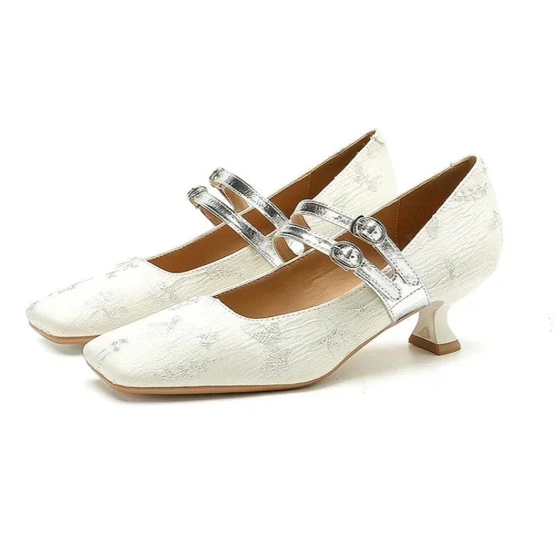New Designer High Heels Silk Square Toe Dress Shoes Female Comfort Belt Buckle Low Heel Shoes